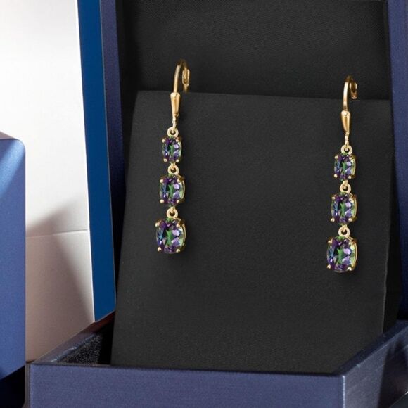 18K Yellow Gold with 6.35 Cttw 3 Stone Green Mystic Topaz Leverback Earrings - Picture 4 of 5